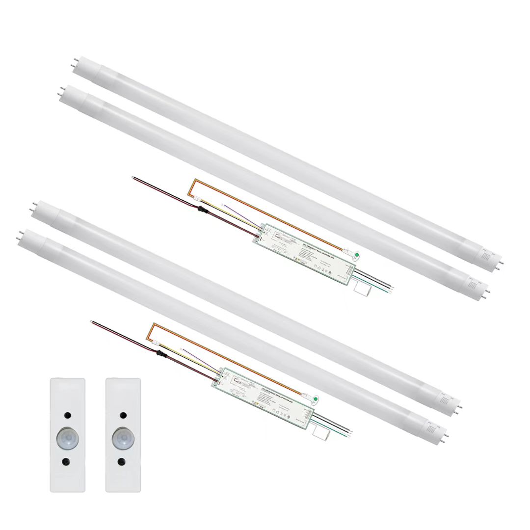 A set of LED tube lights, electronic components with connecting wires, and two motion sensor devices on a white background.