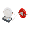 Two Slim Down Lights 4 Inch 2 Hours Fire Rated are shown: one displays the white front, the other reveals the red back with labels and mounting clips. Both are wired to a rectangular metal power supply unit.