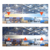 Comparison image of a warehouse with lighting changes using the UFO High Bay Shop Light 250W Wattage & CCT Tunable: top shows 4000K and 5000K color temperatures; bottom displays 80W, 100W, and 150W brightness settings, marked by orange arrows.
