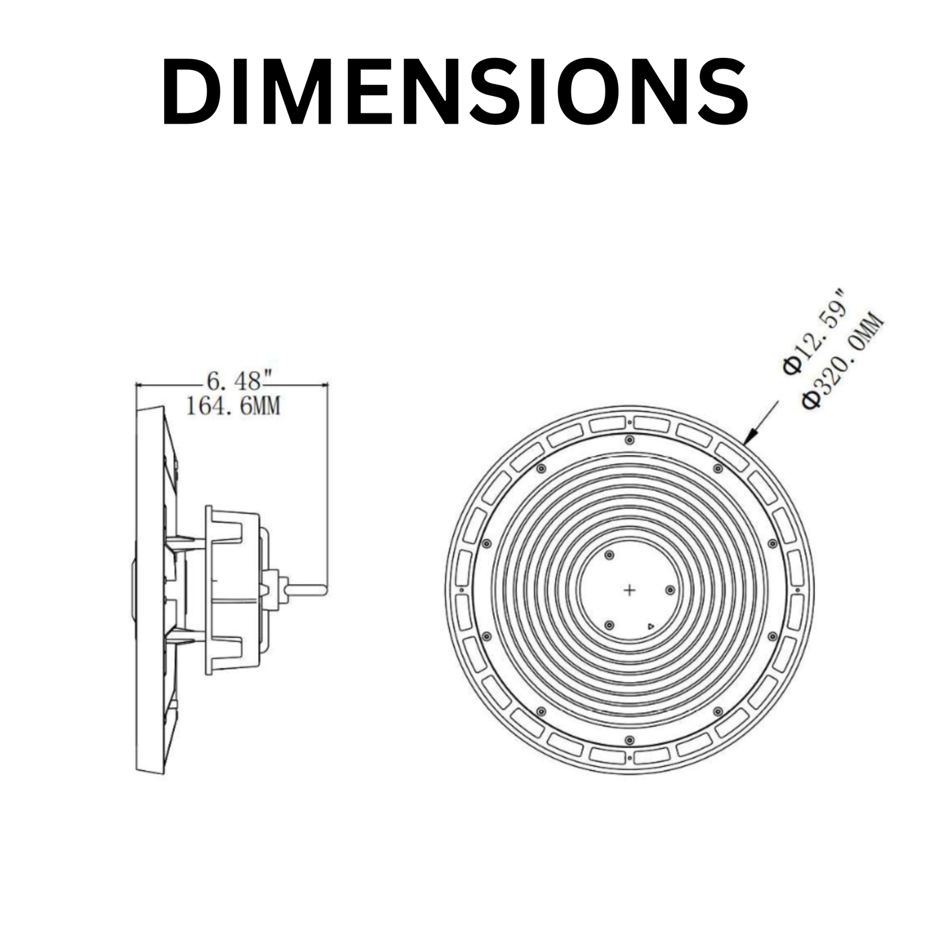 Technical drawing of the UFO High Bay Shop Light 250W Wattage & CCT Tunable shows front and side views: side depth is 6.48 in (164.6 mm), front diameters are 12.59 in (320.0 mm) and 20.08 in (510.0 mm).