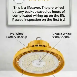 yellow, high-bay LED light fixture with pre-wired emergency battery backup and selectable power levels