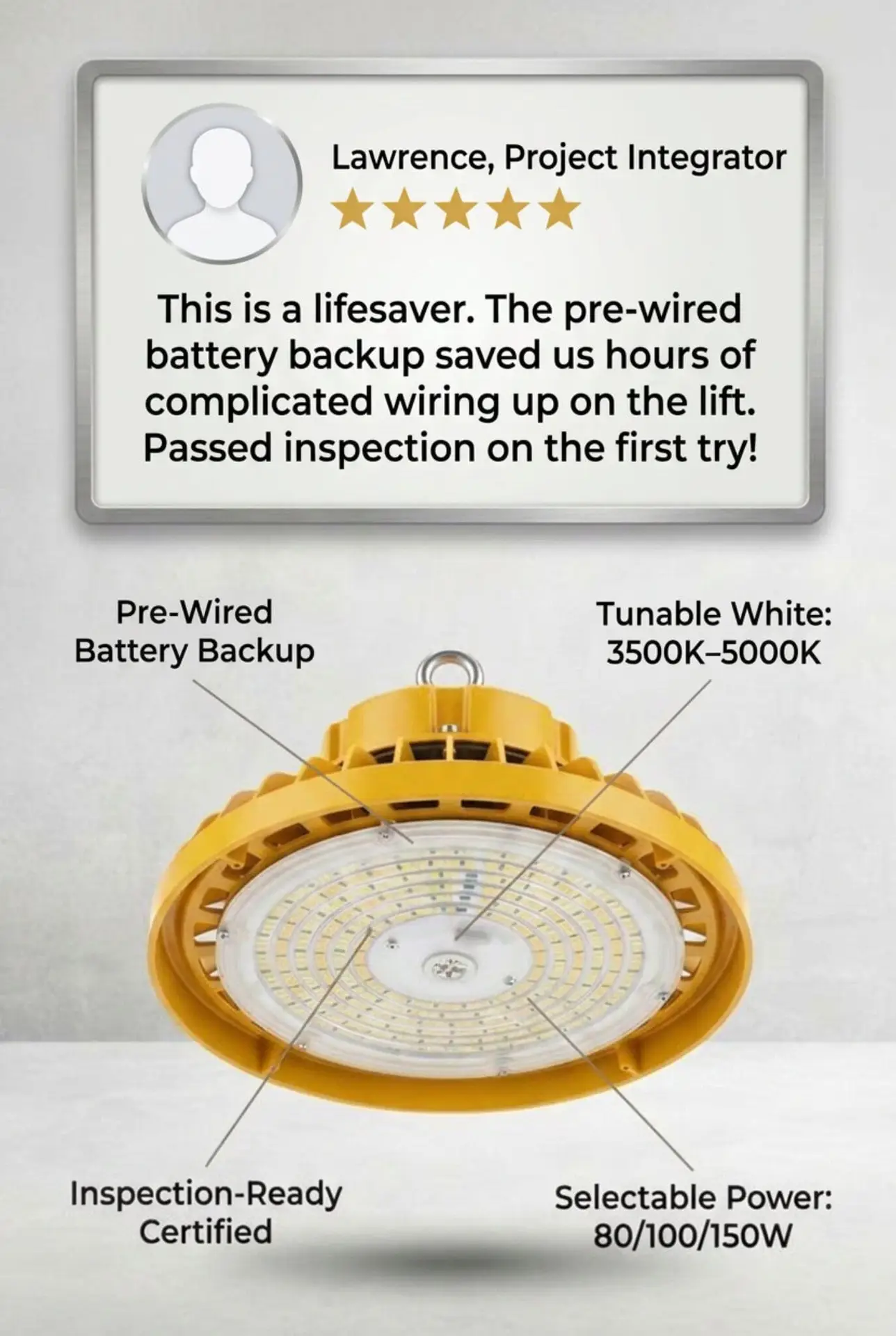 yellow, high-bay LED light fixture with pre-wired emergency battery backup and selectable power levels